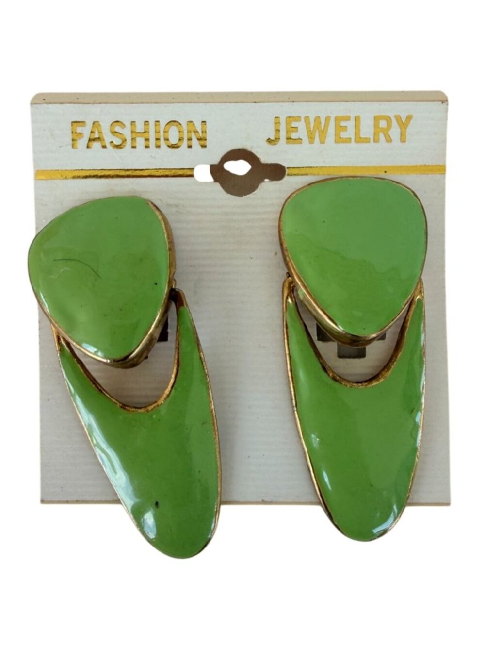 Vintage NOS Large Statement Earrings Green Enamel Clip-On Dangle Modern Retro